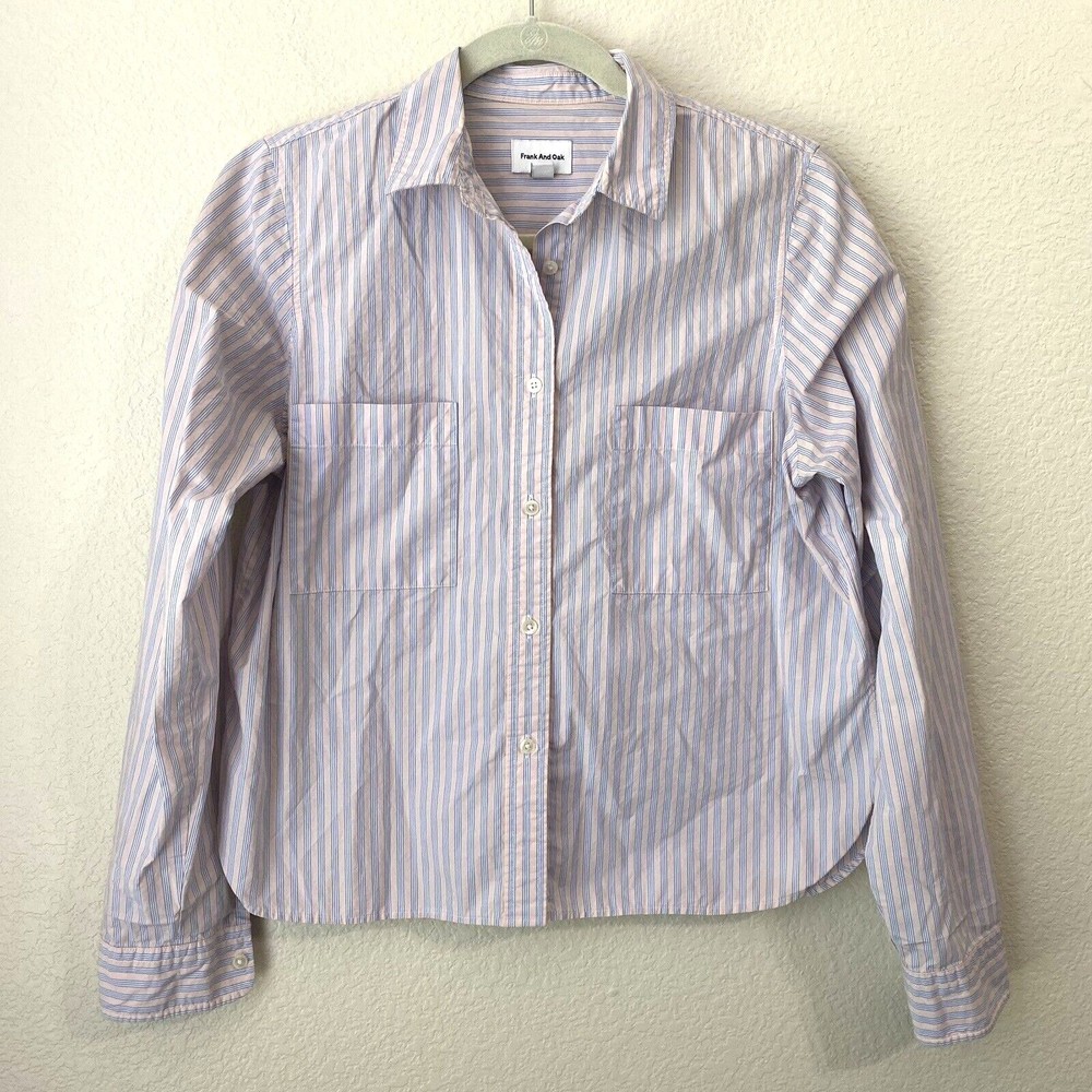 Frank & Oak Shirt Womens Small Button Front Stripes Cotton Blue Pink 2110038